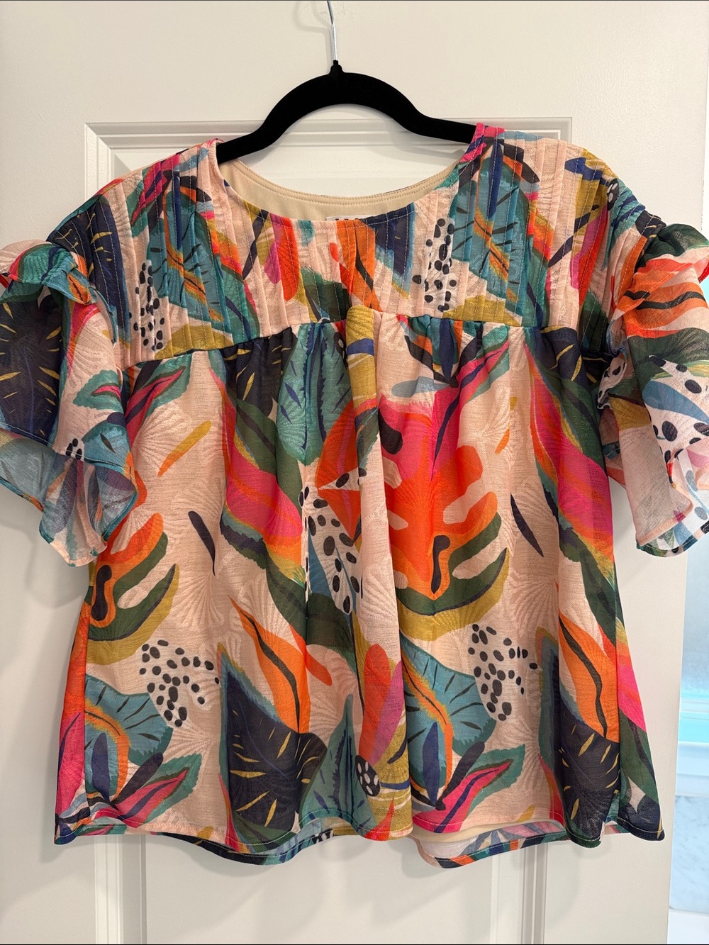 TCEC Multicolor Tropical Leaf Print Flutter Sleeve Blouse